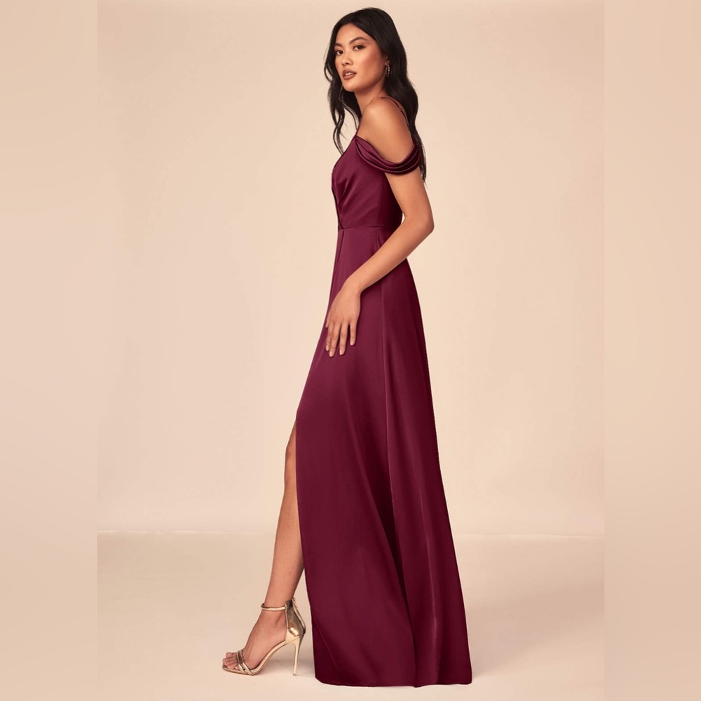 Azazie Burgundy Off-Shoulder Satin Maxi Dress with Slit - Picture 2 of 11